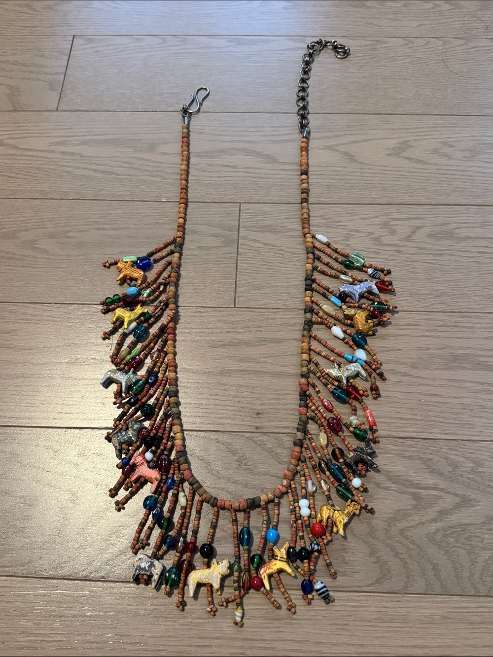 Vintage Handmade Multicolor Beaded Fringe Necklace with Animal Charms